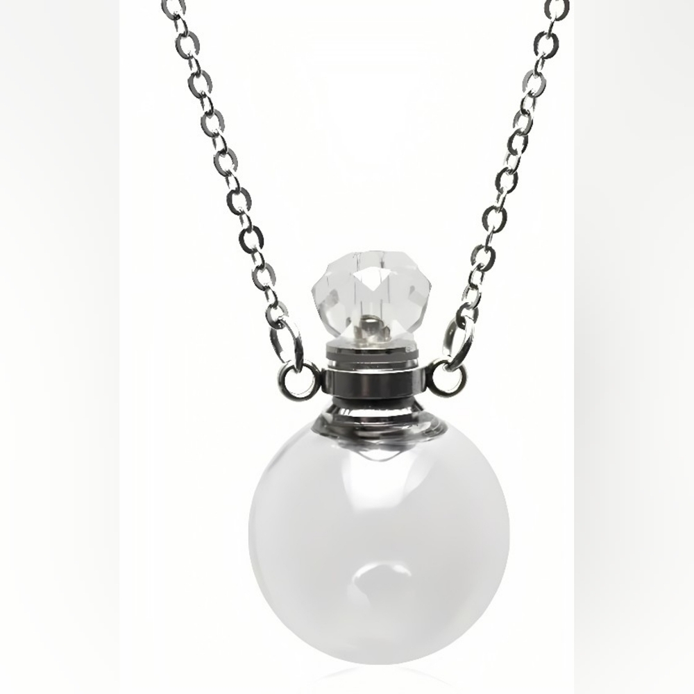 Mini Refillable Glass Perfume Vial Necklace w/ Crystal Cap - Silver Tone